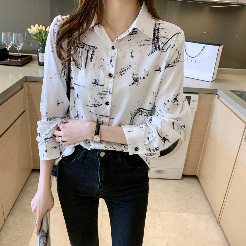 Autumn chiffon graffiti tops satin printing shirt for women