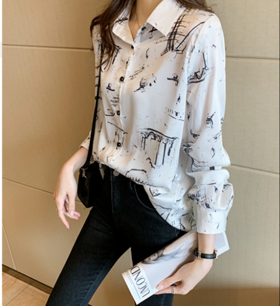 Autumn chiffon graffiti tops satin printing shirt for women