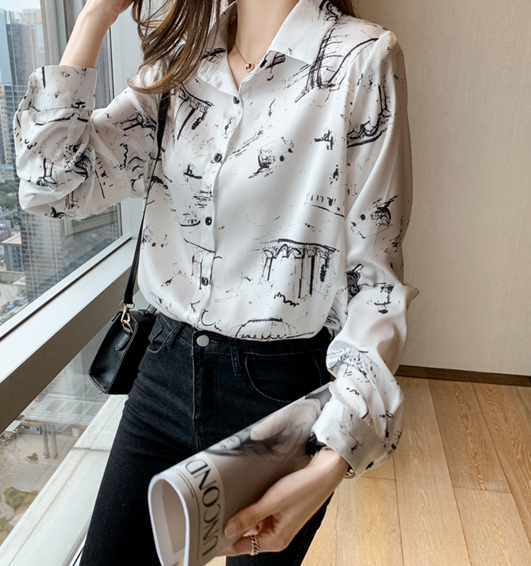 Autumn chiffon graffiti tops satin printing shirt for women