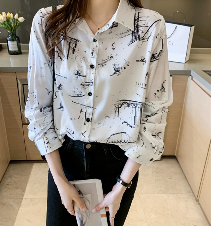 Autumn chiffon graffiti tops satin printing shirt for women