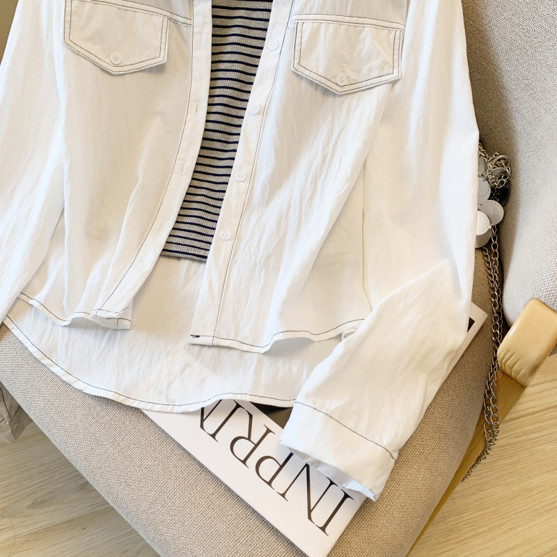 Stripe long sleeve shirt autumn knitted tops 2pcs set for women