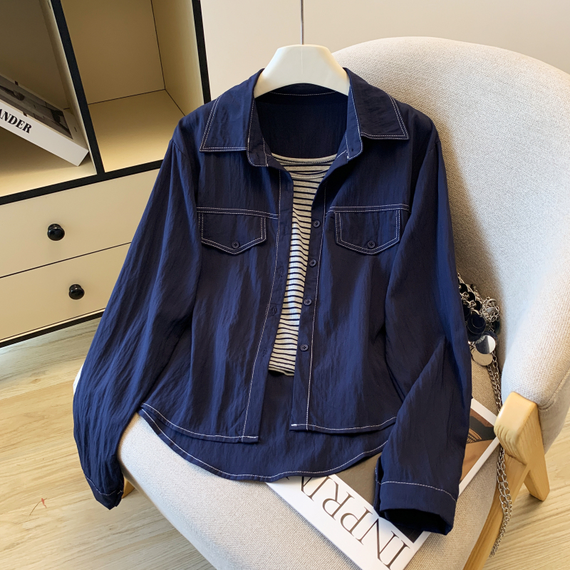Stripe long sleeve shirt autumn knitted tops 2pcs set for women