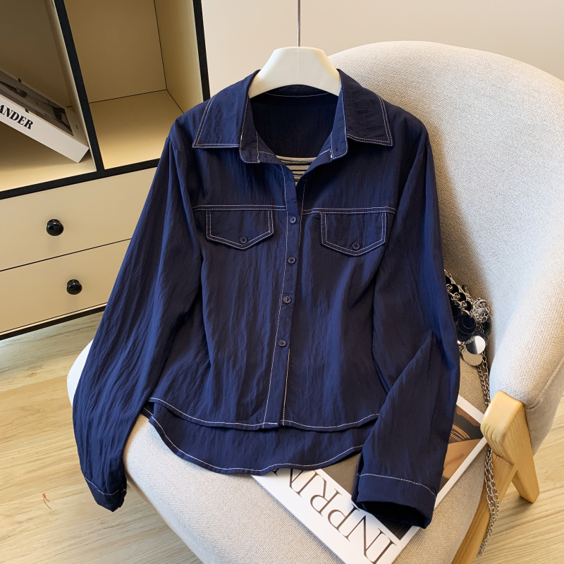 Stripe long sleeve shirt autumn knitted tops 2pcs set for women
