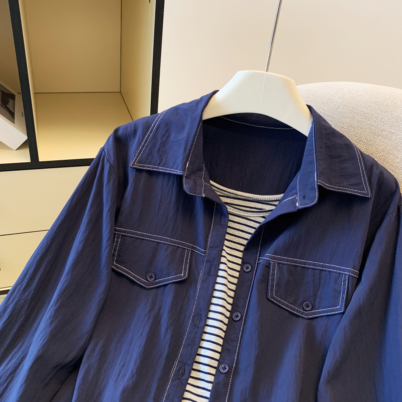 Stripe long sleeve shirt autumn knitted tops 2pcs set for women