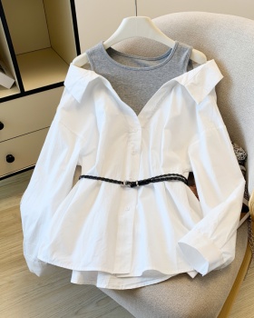 Autumn strapless shirt pinched waist France style tops