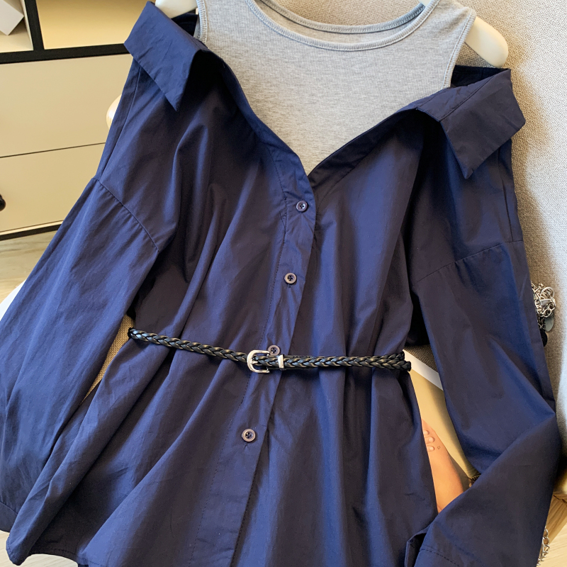 Autumn strapless shirt pinched waist France style tops