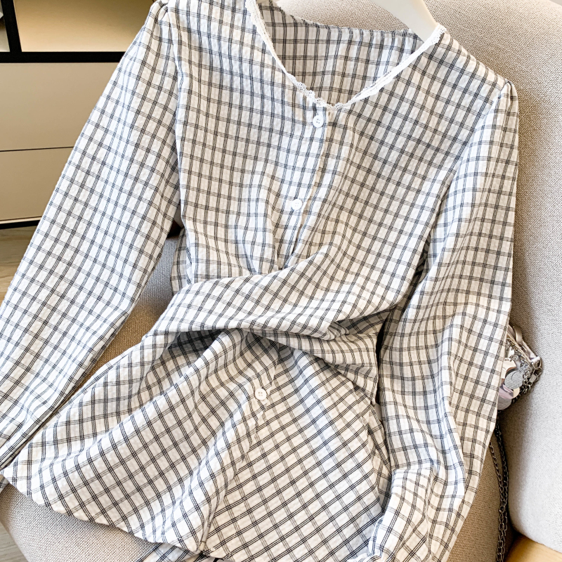 Autumn plaid shirt Western style lace tops for women