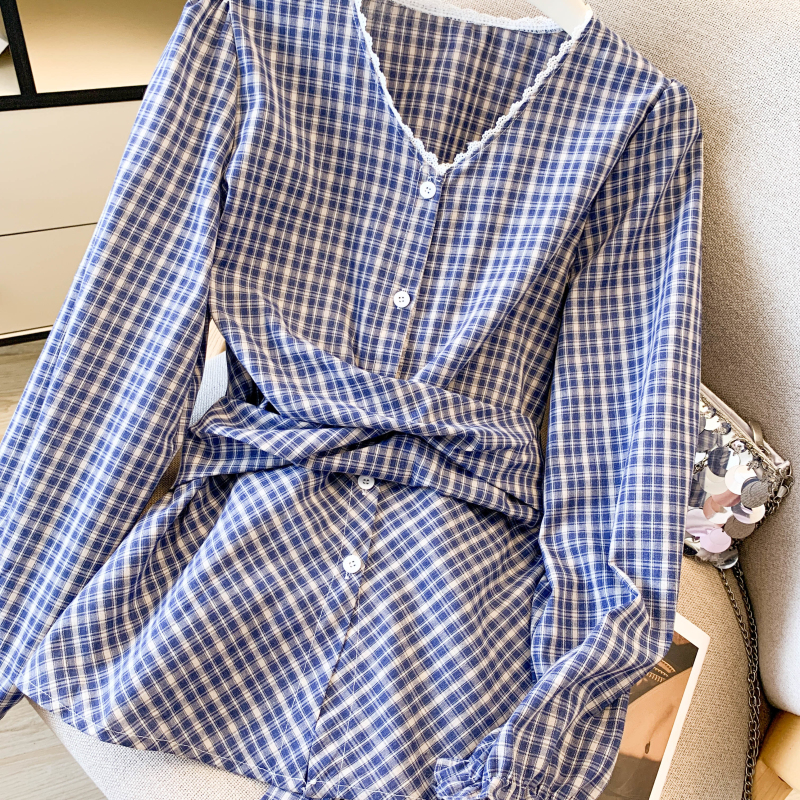 Autumn plaid shirt Western style lace tops for women