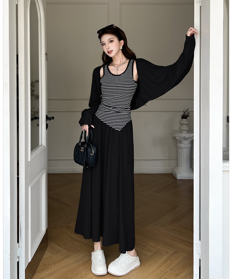 High waist stripe long skirt France style bat tops 3pcs set