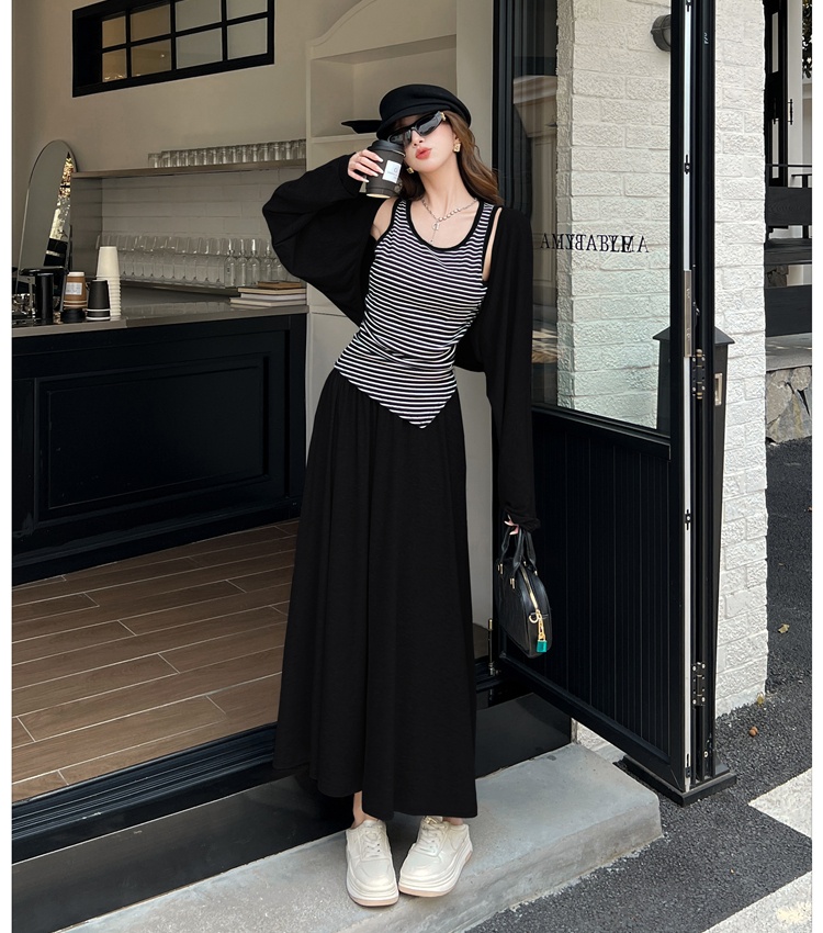 High waist stripe long skirt France style bat tops 3pcs set