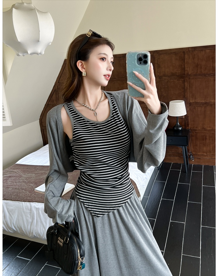 High waist stripe long skirt France style bat tops 3pcs set