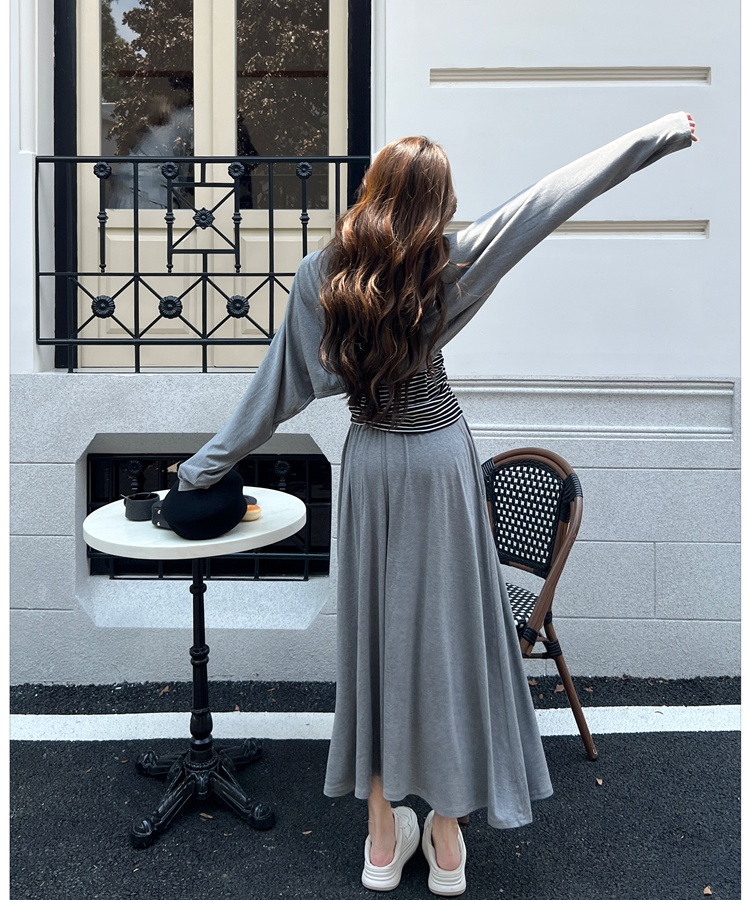 High waist stripe long skirt France style bat tops 3pcs set
