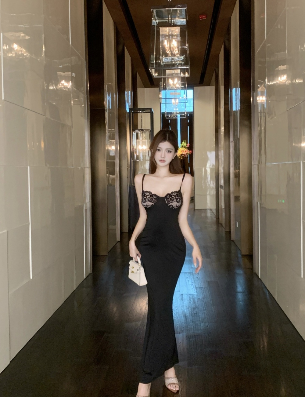 Splice sexy formal dress lace package hip long dress
