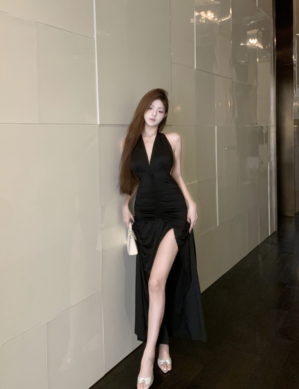 Split fashion dress slim temperament formal dress for women