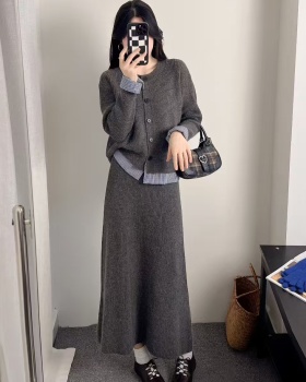 Lazy round neck cardigan Korean style long skirt a set