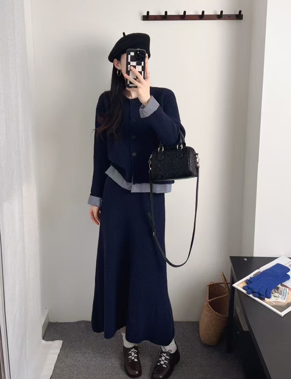 Lazy round neck cardigan Korean style long skirt a set