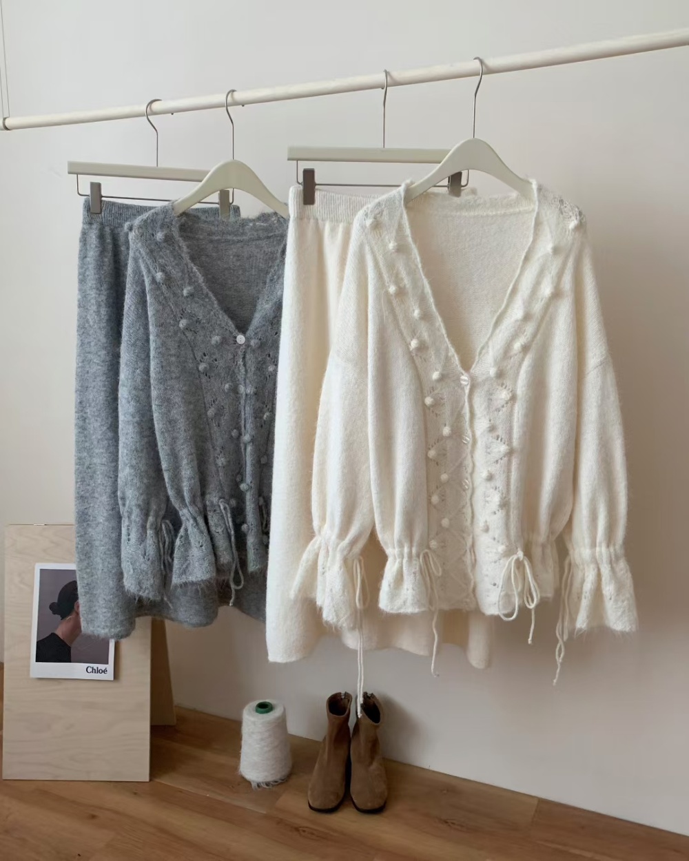 V-neck hollow high waist tops lazy slim A-line sweater a set