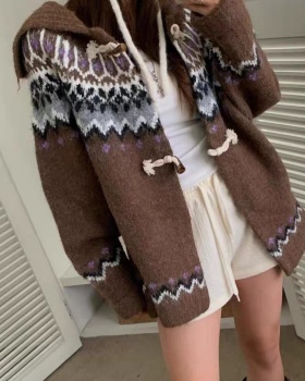 Jacquard loose coat large lapel mixed colors sweater