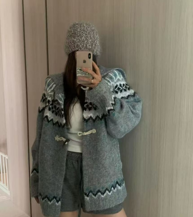 Jacquard loose coat large lapel mixed colors sweater