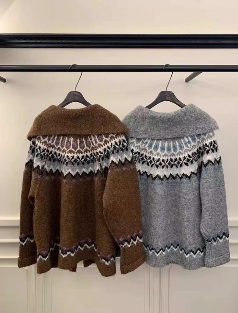 Jacquard loose coat large lapel mixed colors sweater