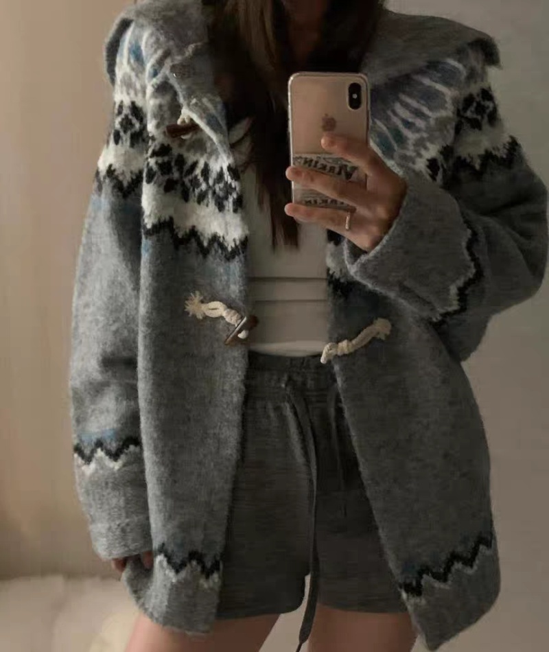 Jacquard loose coat large lapel mixed colors sweater