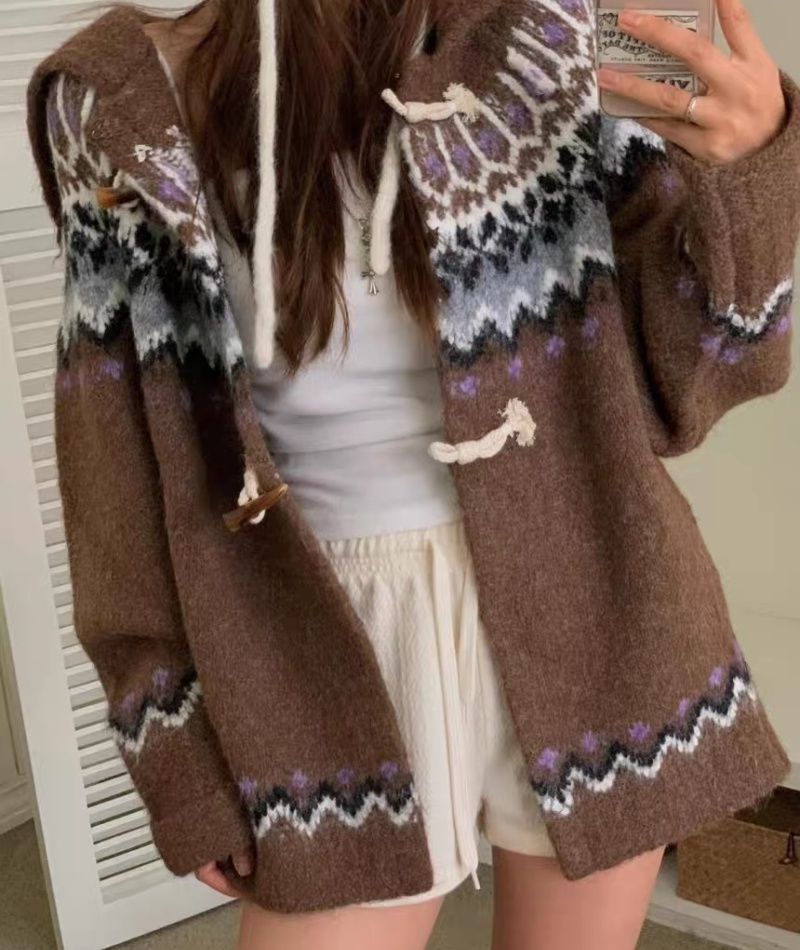 Jacquard loose coat large lapel mixed colors sweater