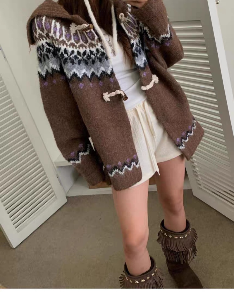 Jacquard loose coat large lapel mixed colors sweater