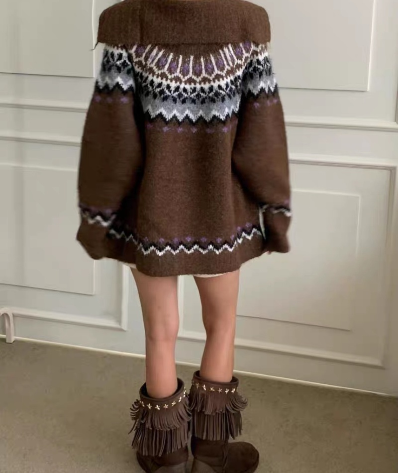 Jacquard loose coat large lapel mixed colors sweater