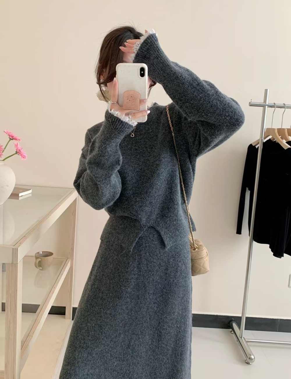 Korean style knitted sweater retro skirt a set for women