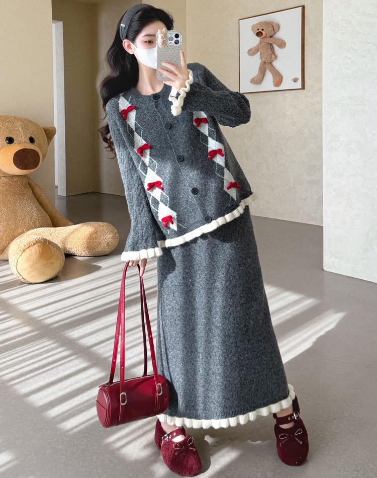 Fashion slim tops bow show young skirt a set