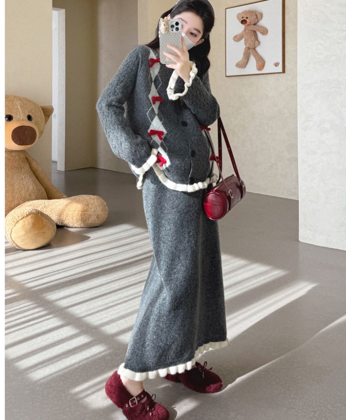 Fashion slim tops bow show young skirt a set