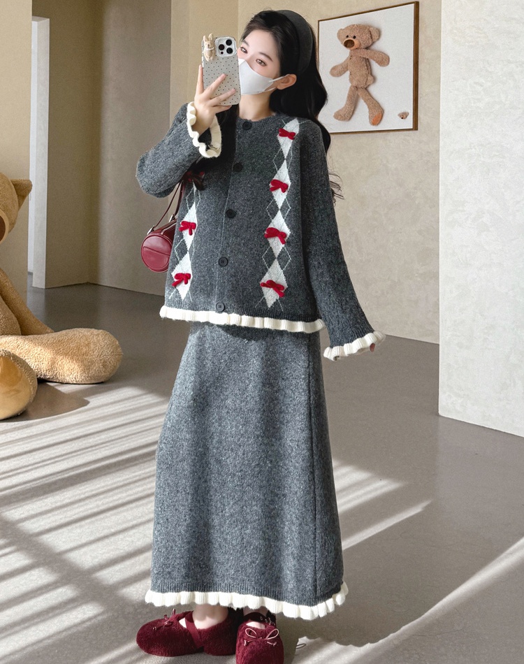 Fashion slim tops bow show young skirt a set