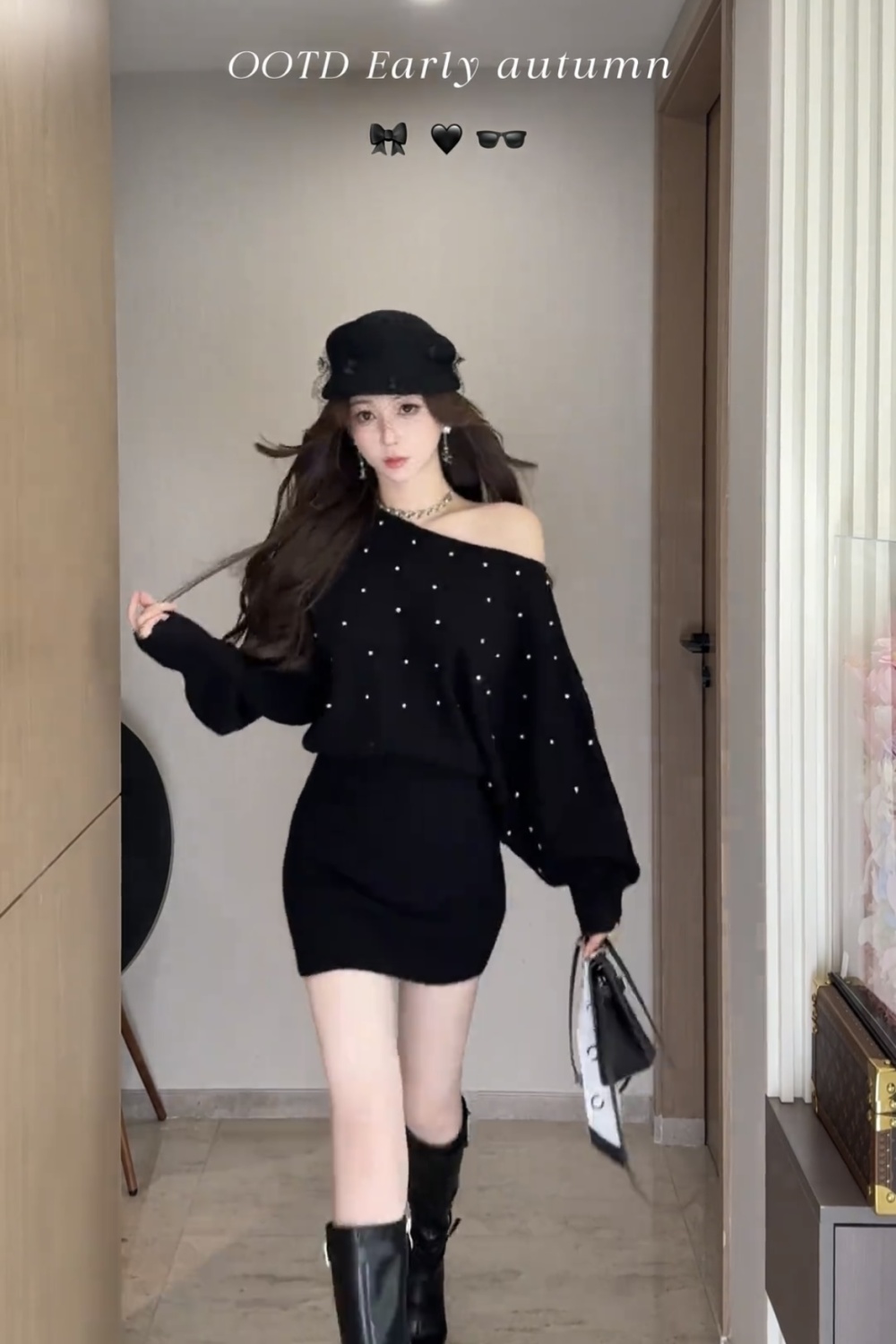 Autumn retro fashion sloping shoulder knitted rhinestone dress