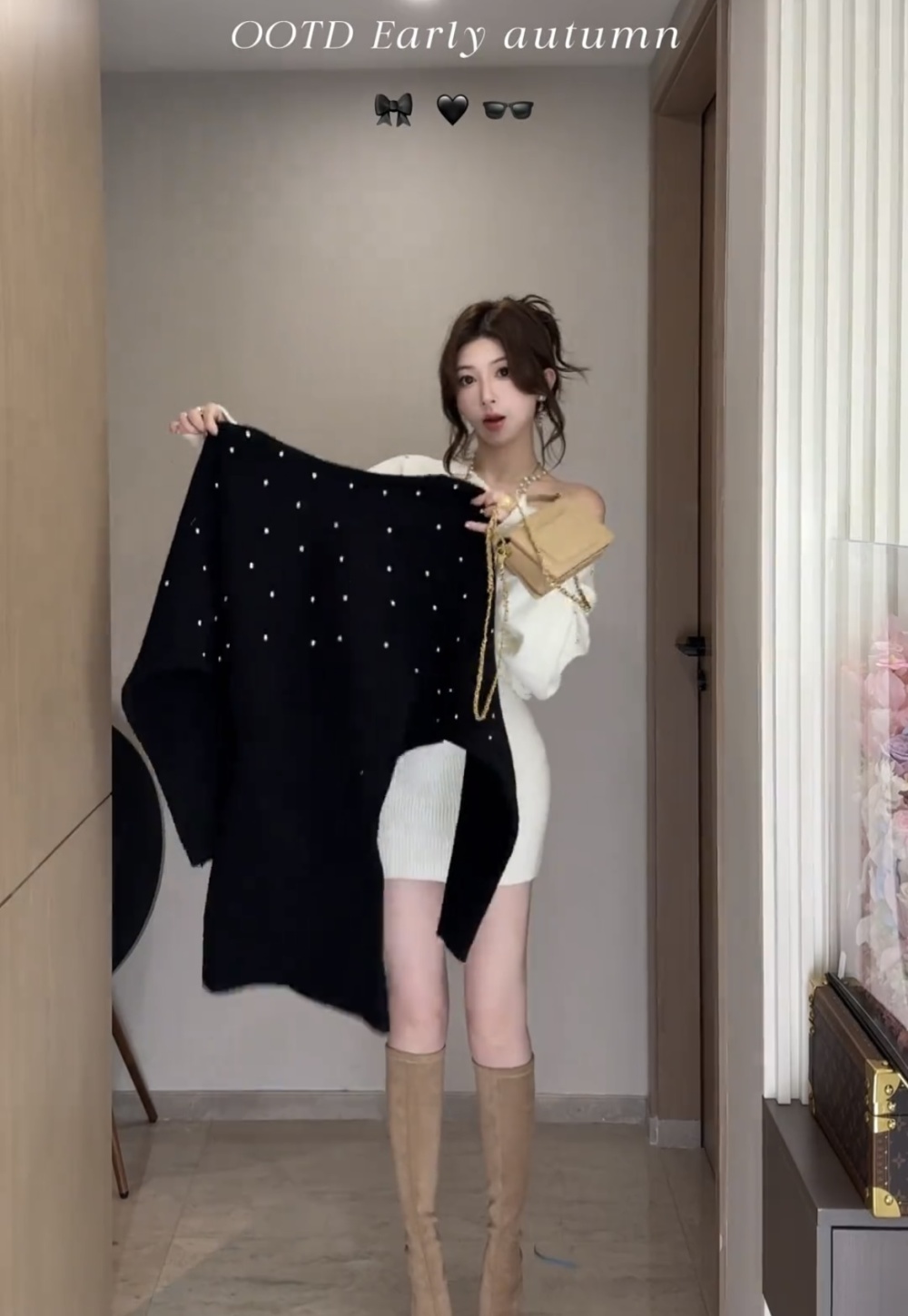 Autumn retro fashion sloping shoulder knitted rhinestone dress