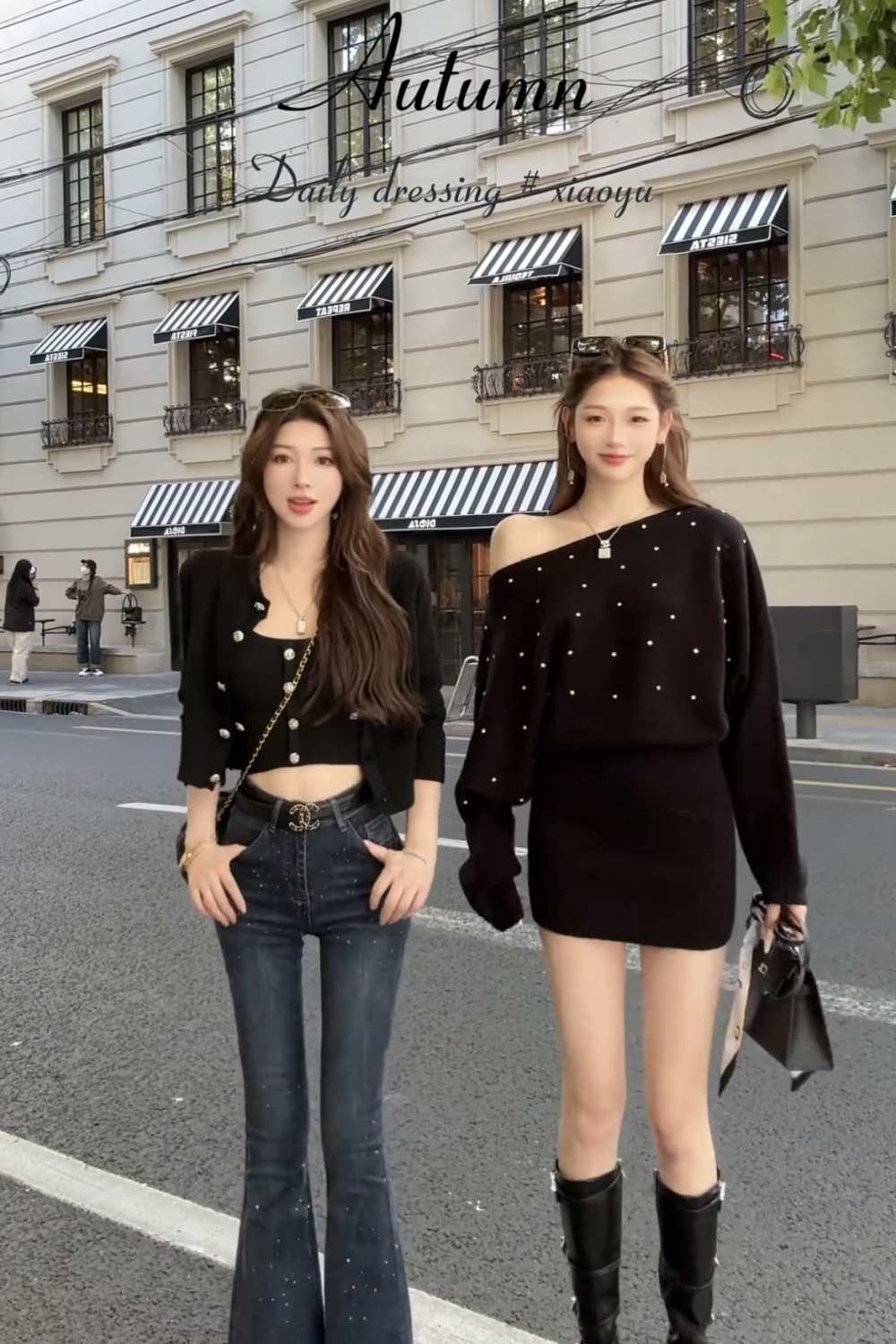 Autumn retro fashion sloping shoulder knitted rhinestone dress