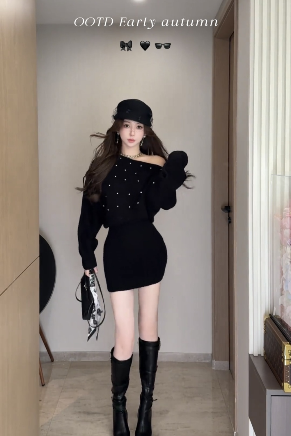 Autumn retro fashion sloping shoulder knitted rhinestone dress