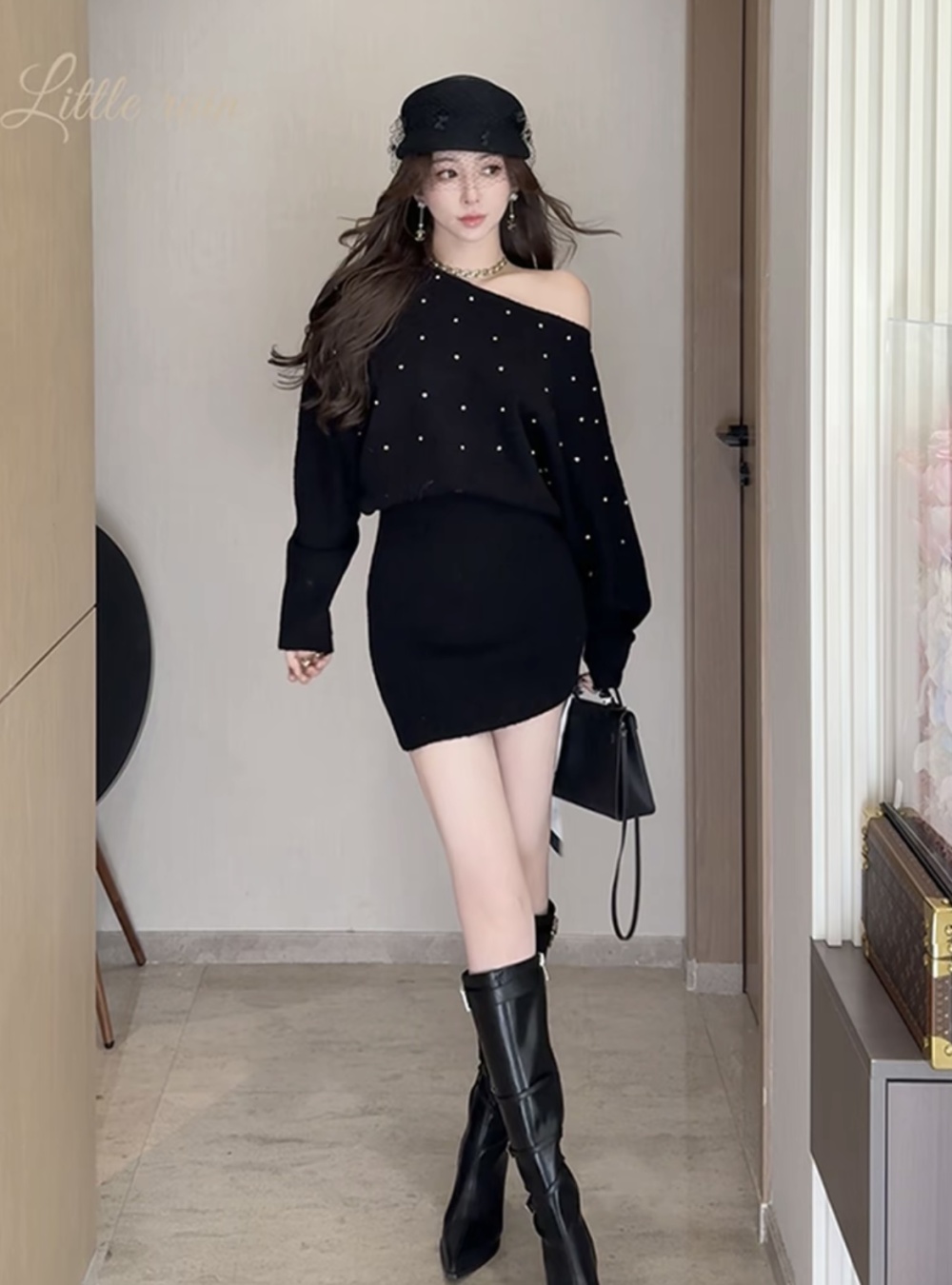 Autumn retro fashion sloping shoulder knitted rhinestone dress