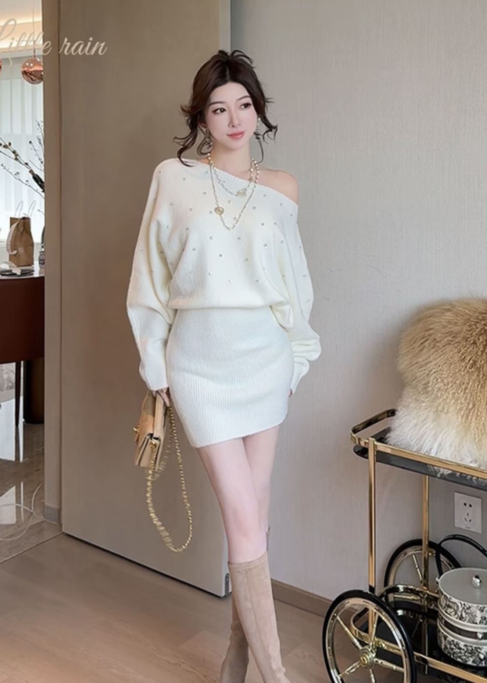 Autumn retro fashion sloping shoulder knitted rhinestone dress