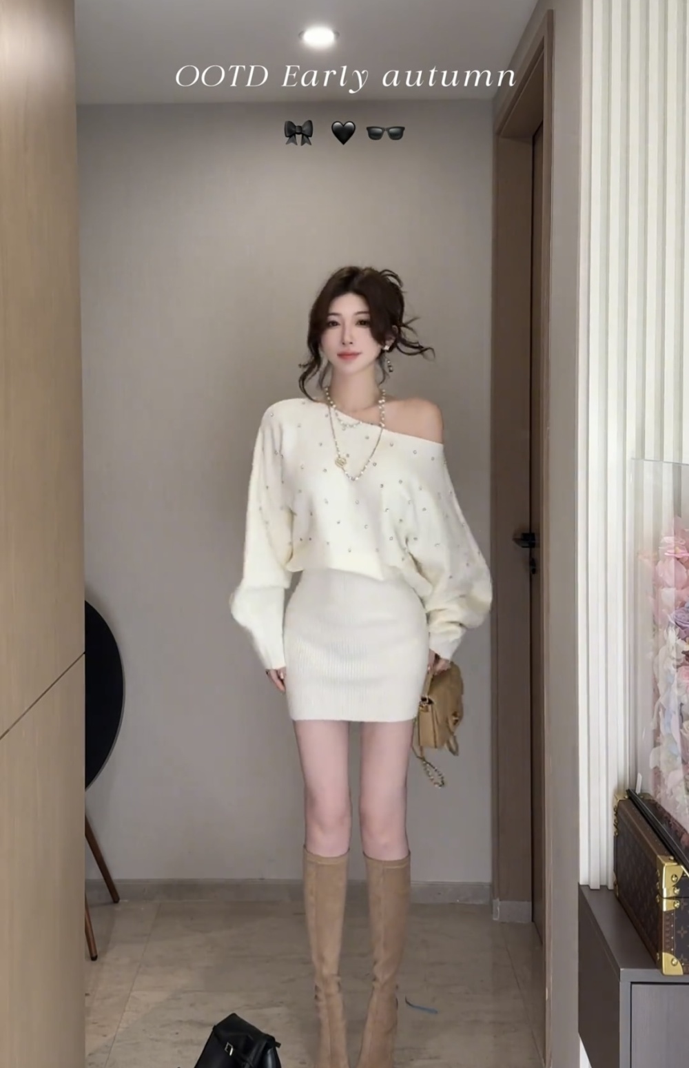 Autumn retro fashion sloping shoulder knitted rhinestone dress