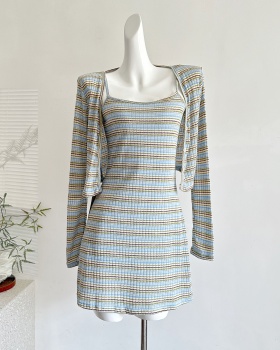 Knitted cardigan strap dress 2pcs set for women