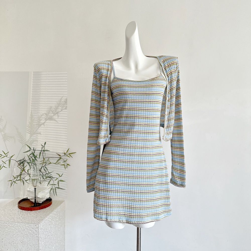 Knitted cardigan strap dress 2pcs set for women