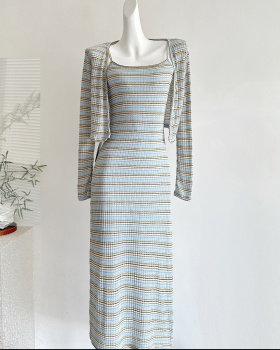 Autumn knitted cardigan long stripe dress 2pcs set