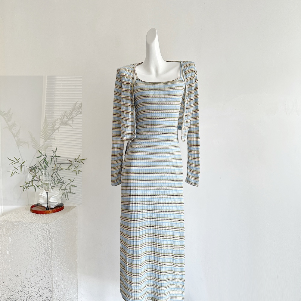 Autumn knitted cardigan long stripe dress 2pcs set