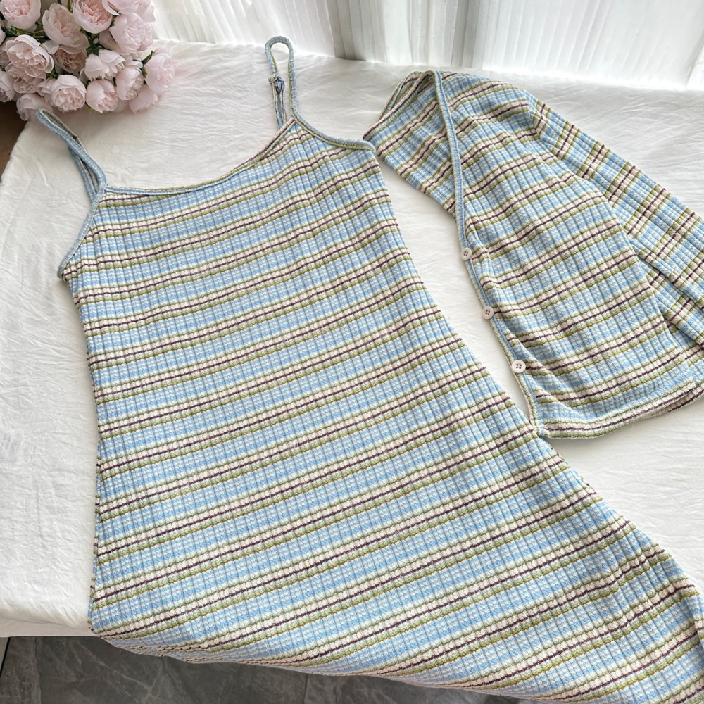 Autumn knitted cardigan long stripe dress 2pcs set
