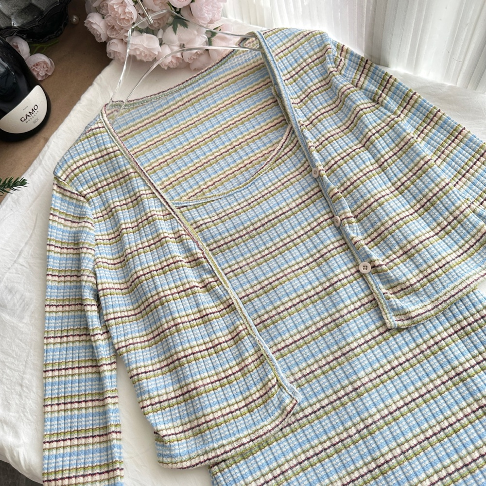 Autumn knitted cardigan long stripe dress 2pcs set