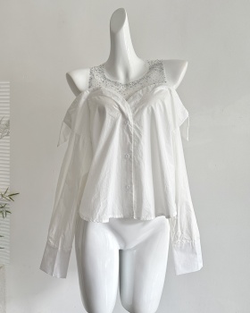 Rhinestone long sleeve black-white slim all-match loose shirt