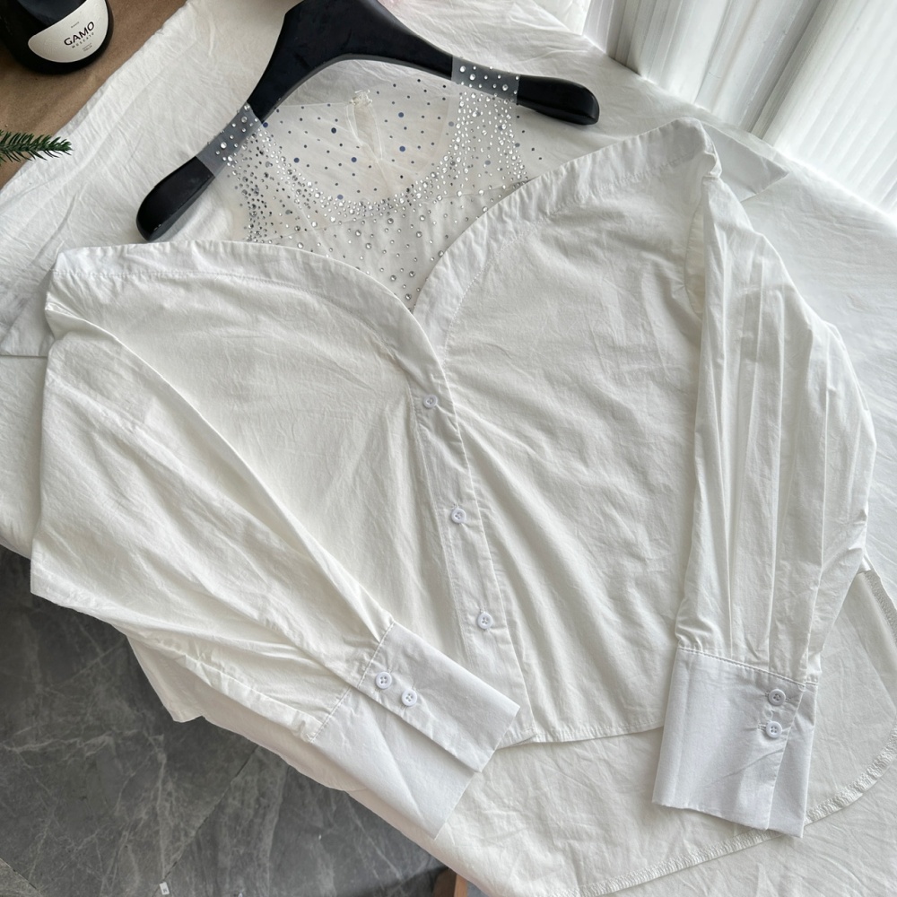 Rhinestone long sleeve black-white slim all-match loose shirt