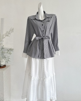White black hollow shirt lace cake long skirt 2pcs set