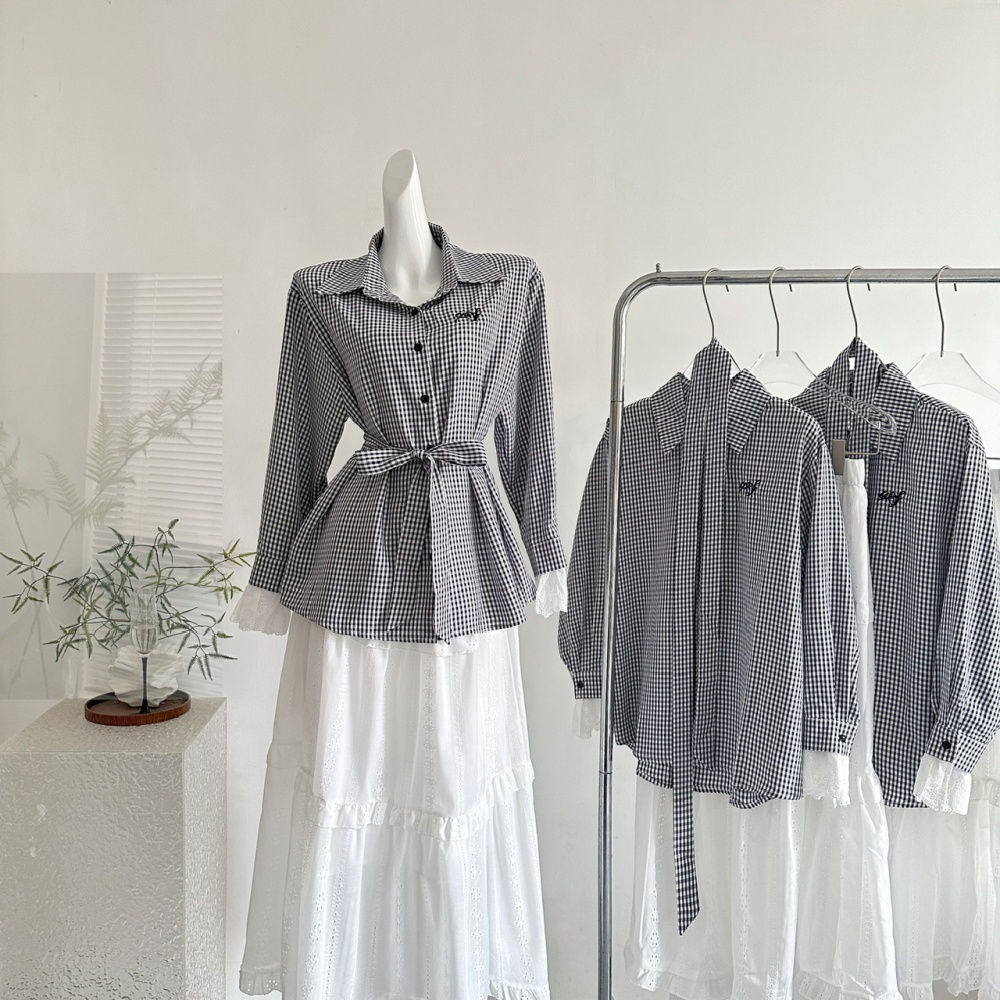 White black hollow shirt lace cake long skirt 2pcs set