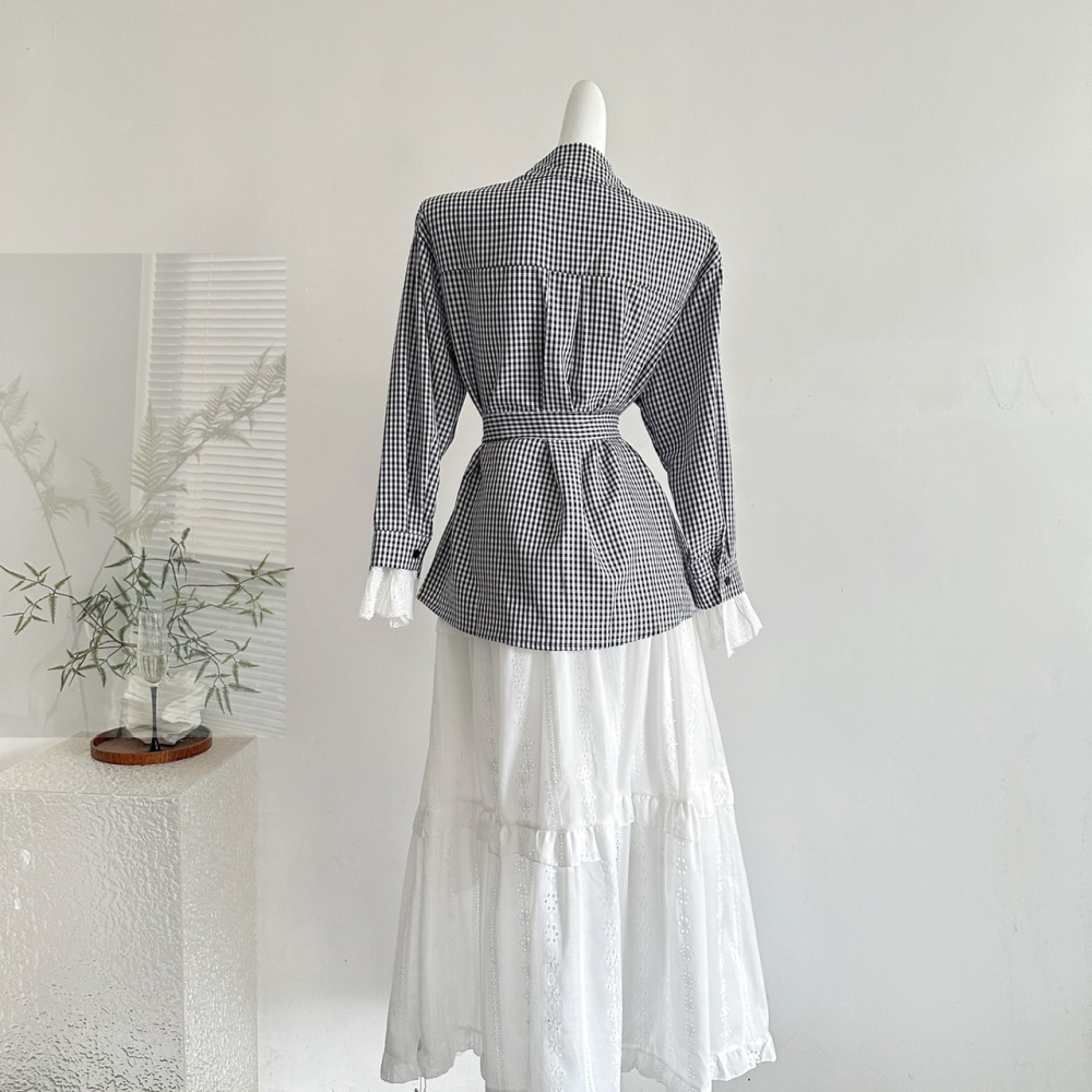 White black hollow shirt lace cake long skirt 2pcs set